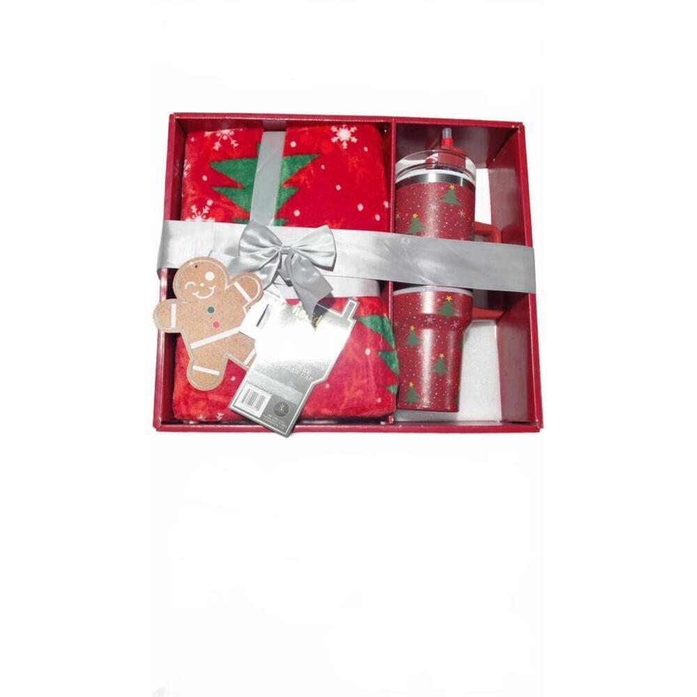 Holiday Home Christmas Gift Set with Plush Throw and Tumbler with Straw and Cap